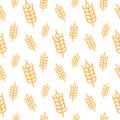 Seamless pattern of orange line wheat ears. Raster illustration on white background.