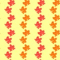 Seamless pattern of orange red silhouette maple leaves isolated on yellow background. Simple vector texture for fabric, Royalty Free Stock Photo