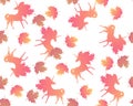 Seamless pattern with orange silhouette of unicorns and viburnum leaves isolated on white background in vector. Print for fabric Royalty Free Stock Photo