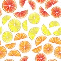Seamless pattern with orange slice and lemon slice and grapefruit slice. Fruit lie ranks. Summer watercolor illustration Royalty Free Stock Photo