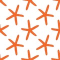 Seamless pattern of orange starfish. a vector pattern in the sketch style. a realistic drawing of a starfish is randomly placed on Royalty Free Stock Photo