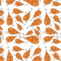 Seamless pattern orange swirling spiral leaves of different shapes on a white background