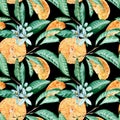 Tangerine seamless pattern. Orange cut, flowers and leaves. Watercolor illustration isolated on black background Royalty Free Stock Photo
