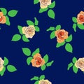 Seamless pattern orange tea roses and green leaves on dark blue background, vector eps 10 Royalty Free Stock Photo