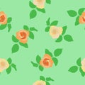 Seamless pattern orange tea roses, leaves on green background. Vintage girly floral print, vector eps 10 Royalty Free Stock Photo