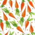 Seamless pattern of orange, watercolor carrots with green tops, on a white background.
