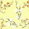 Pattern orange and white flowers on a yellow