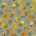 Seamless pattern of orange, yellow, beige flowers on a green background. Watercolor