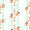 Seamless pattern of orange and yellow flowers of lily on a light green background with green vertical stripes. Watercolor Royalty Free Stock Photo