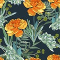 Seamless pattern with orange yellow Tulip and many kind of herbs with and succulent.