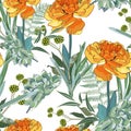 Seamless pattern with orange yellow Tulip and many kind of herbs with and succulent. Royalty Free Stock Photo