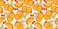 Seamless pattern with Oranges, Berries and Rosemary. Food Color art print. Modern design for Wrapping paper, covers, cards,