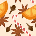 Seamless pattern with Oranges, Clove, Candy cane and Anis stars. Mulled wine isolated ingredients. Vector illustration of spices Royalty Free Stock Photo