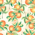 Seamless pattern with oranges fruit and leaves. Watercolor hand drawn illustration of juicy citrus. Background template Royalty Free Stock Photo
