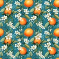 seamless pattern oranges fruits and white flowers on a blue background Royalty Free Stock Photo