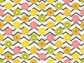 Seamless pattern with oranges, kiwi and lemon. Fruit on a background with zigzag lines. Vector