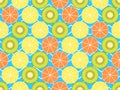Seamless pattern with oranges, kiwi and lemon. Fruit on a background with zigzag lines. Vector