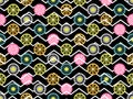 Seamless pattern with oranges, kiwi and lemon. Fruit on a background with zigzag lines. Vector