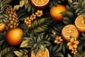 seamless pattern with oranges pineapples and flowers on a black background Royalty Free Stock Photo