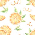 Seamless pattern with oranges round slices, leaves and peel. Watercolor hand drawn illustration of juicy citrus Royalty Free Stock Photo