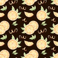 Seamless pattern with oranges round slices, leaves and peel. Watercolor hand drawn illustration of juicy citrus Royalty Free Stock Photo