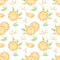 Seamless pattern with oranges round slices, leaves and peel. Watercolor hand drawn illustration of juicy citrus Royalty Free Stock Photo