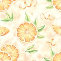 Seamless pattern with oranges round slices, leaves and peel. Watercolor hand drawn illustration of juicy citrus Royalty Free Stock Photo