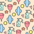 Seamless pattern with organic hygienics objects for women periods