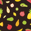 Seamless pattern with organic ripe juicy tropical exotic fruits on black background. Summer backdrop with natural