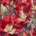 Seamless pattern with organic texture of red helleborus flowers, floral background, watercolor stylized. Generative AI