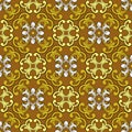 Seamless pattern, oriental damask from abstract chrysanthemums. Print with stylized floral elements in yellow and ocher shades. Royalty Free Stock Photo