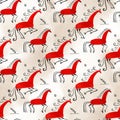 Seamless pattern oriental. Mezen traditional painting horse. Watercolor illustration