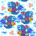 Seamless pattern ornament. Abstract background with beautiful fishes and Celtic triple spiral symbols. Fantasy decoration. Luxury