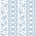 Seamless pattern with ornament, leaves and dots in blue on white background