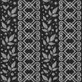 Seamless pattern with ornament, leaves and dots in white on blackboard background