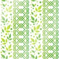 Seamless pattern with ornament, leaves and dots in yellow green gradient on white background Royalty Free Stock Photo