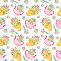 Seamless pattern ornament of painted spring flowers garden watering can on white background Royalty Free Stock Photo