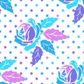 Seamless pattern with ornament of roses and circles in purple,  pink and light blue pink tones on a white background Royalty Free Stock Photo