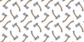 Seamless pattern of ornamental axes on a white background. Hand-drawn hatchets. Tools for gardening, forestry, construction, carpe
