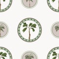 Seamless pattern with ornamental circle and palm trees. Vector. Royalty Free Stock Photo