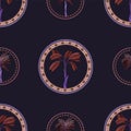 Seamless pattern with ornamental circle and palm trees. Vector. Royalty Free Stock Photo