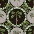 Seamless pattern with ornamental circle and palm trees. Vector. Royalty Free Stock Photo