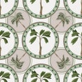 Seamless pattern with ornamental circle and palm trees. Vector. Royalty Free Stock Photo