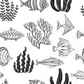 Seamless pattern of ornamental fish and seaweed.