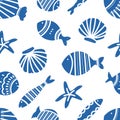 Seamless pattern of ornamental fish. Tiling fish pattern. Hand drawn marine illustrations of fish and sea elements