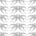Seamless pattern with ornamental swallow bird flying hand drawn