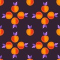 Seamless pattern from ornaments of peaches, persimmons on a dark background. Acrylic illustration. Royalty Free Stock Photo