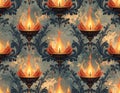 Seamless Pattern of Ornate Candle Holders with Flickering Flames on a Damask Background Royalty Free Stock Photo