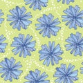 Seamless pattern with ornate chicory flower in blue on the green background with dots. Floral background in contour style