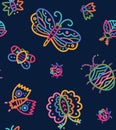Seamless pattern with ornate colourful lines butterflies, moths and bugs